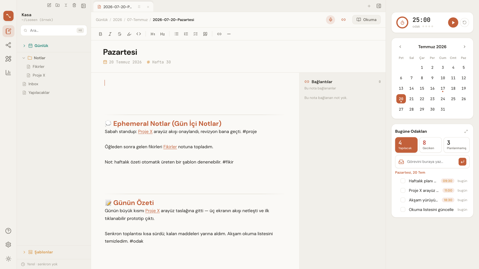 Loomen editör ekranı: markdown günlük not, biçimlendirme çubuğu, wiki bağlantıları ve backlink paneli